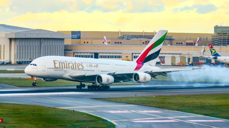 An Emirates A380 at London Heathrow.